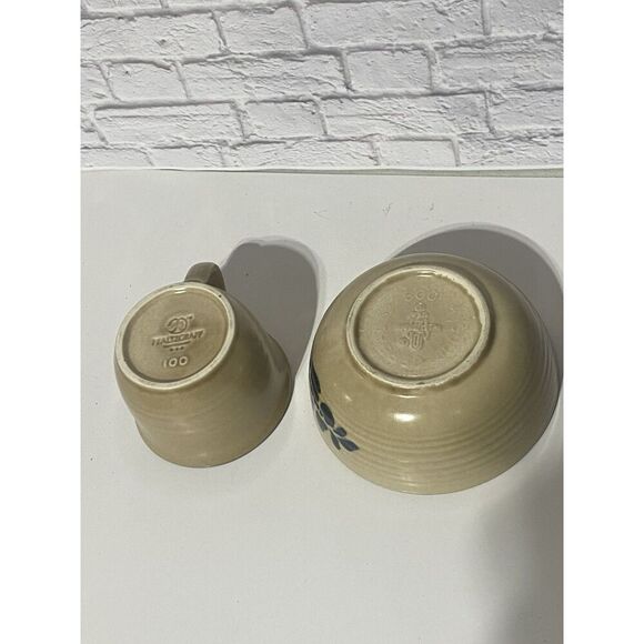 Pfaltzgraff Folk Art Stoneware Bowl Tan Blue Floral Primitive Country 6.25” - Picture 8 of 15